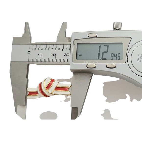 Trifari Crown Over T Gold tone Red White Enamel Love Knot Ribbon Bar Pin, Signed - Picture 7 of 9